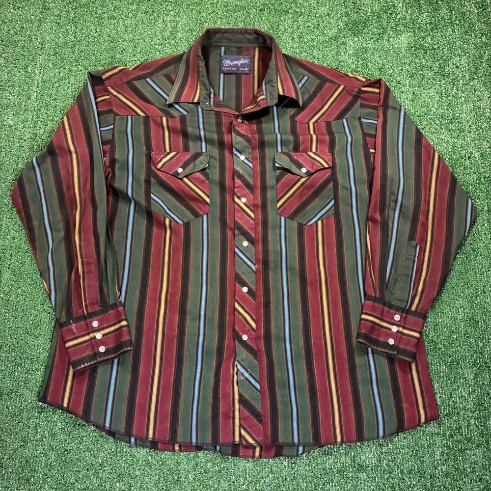 Vintage Wrangler Western Pearl Snap Button Down Shirt Striped Mens 17.5 x 35